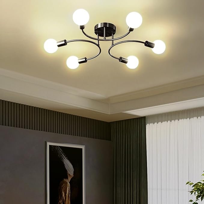 6 Bulb Flush Mounted Sputnik Black Chandelier